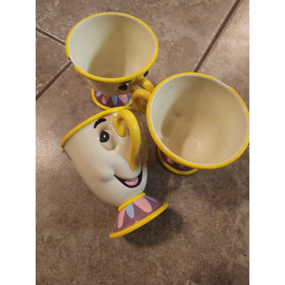Disney Store Beauty and the Beast Chip Plastic Mugs Lot of 3 Kids Cups Scuffed